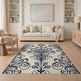 Elegant Navy Floral Damask Area Rug