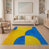 Vibrant Yellow Blue Curved Geometric Area Rug