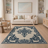 Beige and Neutral Navy Ornate Floral Medallion Area Rug