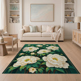 Green Emerald Green White Peony Floral Area Rug
