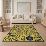 Navy Butterfly Floral Vine Area Rug on Yellow