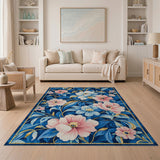 Blue and Teal Navy Blue Floral Embroidered Area Rug
