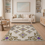 Ornate Gold Frame Purple Flower Cream Area Rug