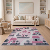 Whimsical Pink Village Road Kids Area Rug