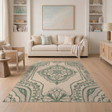 Traditional Persian Beige and Neutral Ornate Green Floral Medallion Area Rug