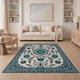 Traditional Persian Blue and Teal Teal Floral Medallion Persian Area Rug