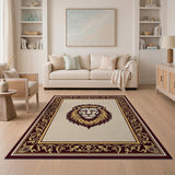 Majestic Lion Head Area Rug with Ornate Gold Border