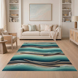 Teal Waves Driftwood Coastal Area Rug