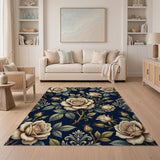 Vintage Cream Roses Baroque Navy Area Rug