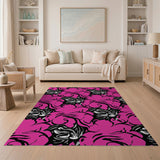 Hot Pink Black Swirl Floral Area Rug