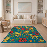 Playful Yellow Tabby Cats Flowers Area Rug