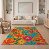 Vibrant Orange Teal Leaf Flower Area Rug