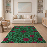 Vintage Red Rose Floral Teal Green Rug