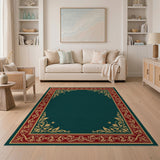 Ornate Emerald Green Rug with Gold Floral Border