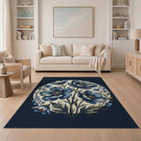 Vintage Blue Anemone Floral Round Rug