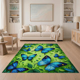 Vibrant Blue Butterflies Lush Green Leaves Area Rug
