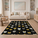 Whimsical Gold Cat Faces Black Area Rug