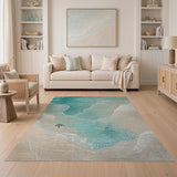 Washable Abstract Coastal Sea Turtle Area Rug - Teal & Beige