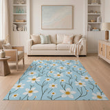White Daisy Blooms Light Blue Area Rug