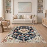 Navy Blue Distressed Floral Vintage Area Rug