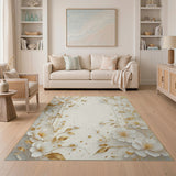 Elegant White and Gold Floral Washable Area Rug - Low Pile, Non-Slip & Pet Friendly