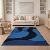 Navy Blue Black Wavy Abstract Area Rug