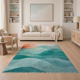 Teal Ocean Waves Sunset Area Rug