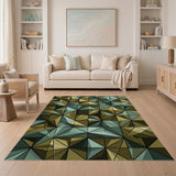 Teal Gold Faceted Geometric Area Rug