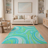 Blue and Teal Swirling Teal Waves Abstract Area Rug