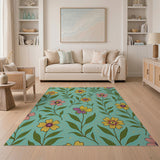 Vibrant Yellow Pink Flowers on Teal Rug