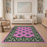Pink Fleur-de-Lis Damask Rug with Ornate Green Border