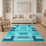 Washable Blue Teal Geometric Area Rug