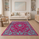 Teal Ornate Persian Medallion Area Rug on Red