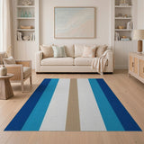 Blue Teal Tan Striped Geometric Area Rug