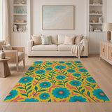 Vibrant Teal Daisy Floral Yellow Area Rug