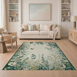 Green Emerald Green Botanical Floral Rug with Butterflies