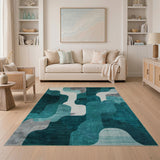 Blue and Teal Teal Wave Abstract Geometric Area Rug