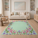 Mint Green Floral Border Area Rug with Pink Purple Blooms