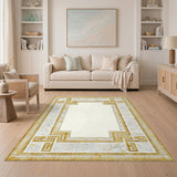 Geometric Modern Gold and Silver Gold Greek Key Marble Area Rug