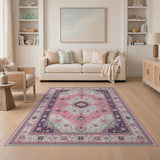 Blush Pink Traditional Persian Area Rug with Navy Borders