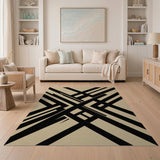 Modern Black Geometric Lines Beige Area Rug