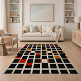 Bold Grid Geometric Area Rug in Black Red Gold