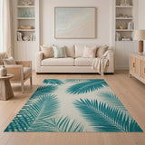 Teal Palm Frond Coastal Beach Area Rug