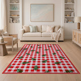 Red Gingham Check with Holly Leaves Area Rug