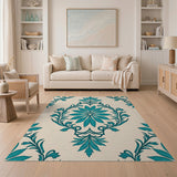 Teal Damask Floral Area Rug on Cream