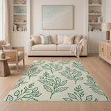 Green Leaf Outline Beige Area Rug