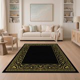 Traditional Persian Gold and Silver Ornate Gold Floral Border Black Area Rug