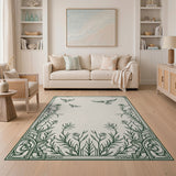 Ornate Green Birds Daisies Floral Frame Rug