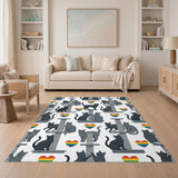 Cute Grey Cats Rainbow Hearts Washable Area Rug