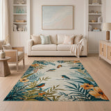 Teal Foliage Birds Orange Blooms Area Rug